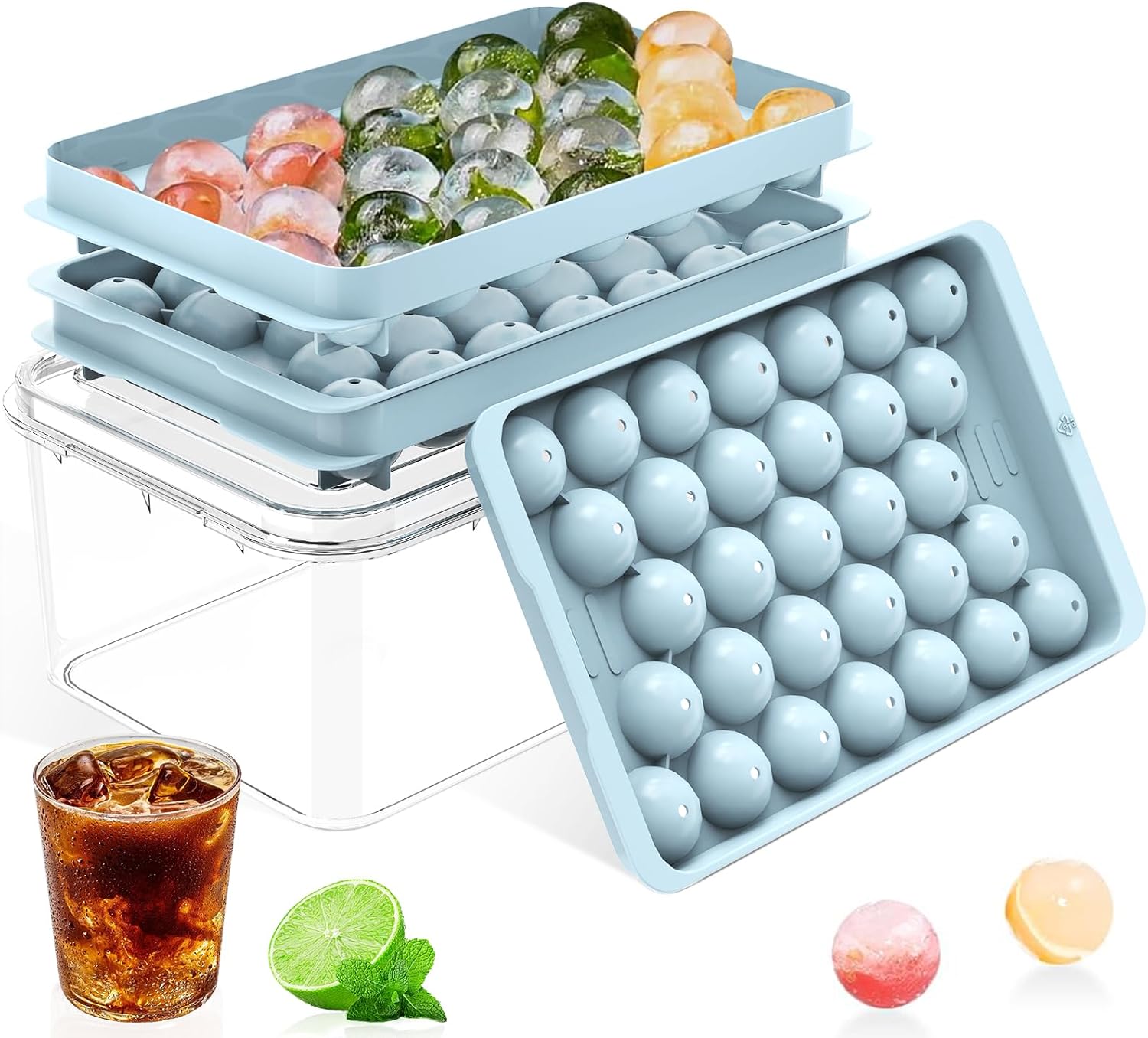 Ice Cube Tray with Lid and Bin – Round Ice Cube Trays for Freezer